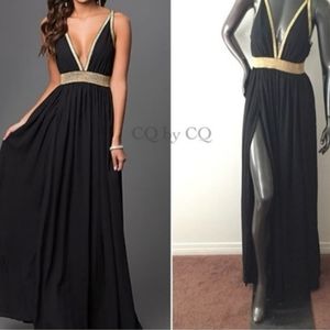 Long formal gold & black v neck dress By CQbyCQ M NWT